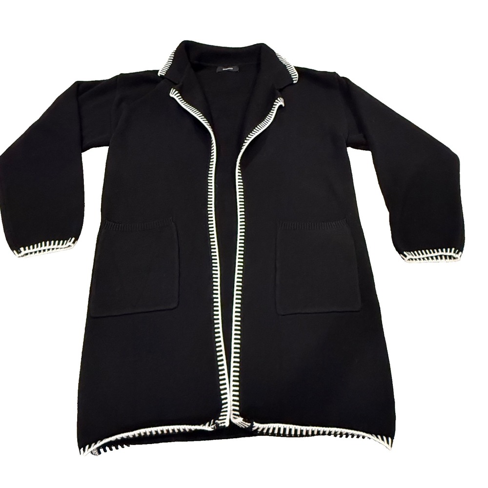 Women's Long‎ Open Cardigan Sweater; Black w/ White Hemstitch; Pockets; Size Med - Picture 2 of 3